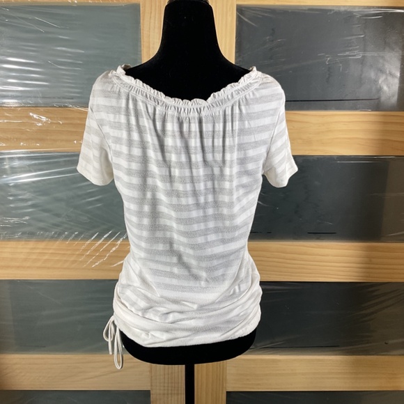 Bum Equipment White Semi-Sheer Striped T-Shirt With Adjustable Tie At Waist - Picture 3 of 9